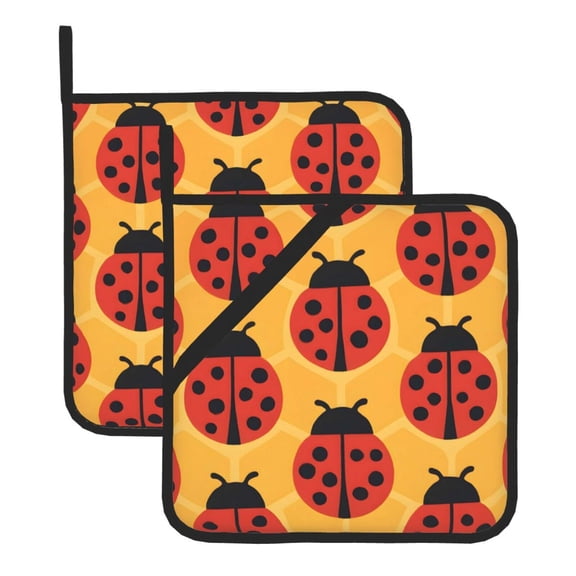 2 Pack Kitchen Pot Holders Heat Resistant Oven Hot Pads With Hand Pockets And Hanging Loops For Baking Cooking 8x8in Ladybug On An Orange Background