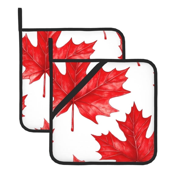 2 Pack Kitchen Pot Holders Heat Resistant Oven Hot Pads With Hand Pockets And Hanging Loops For Baking Cooking 8x8in Red Maple Leaves