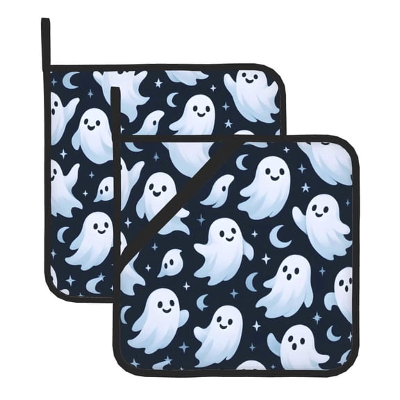 2 Pack Kitchen Pot Holders Heat Resistant Oven Hot Pads With Hand Pockets And Hanging Loops For Baking Cooking 8x8in Spooky Ghost Halloween Pattern