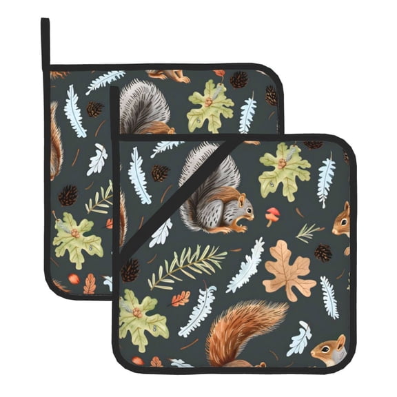 2 Pack Kitchen Pot Holders Heat Resistant Oven Hot Pads With Hand Pockets And Hanging Loops For Baking Cooking 8x8in Squirrels In The Forests (4)