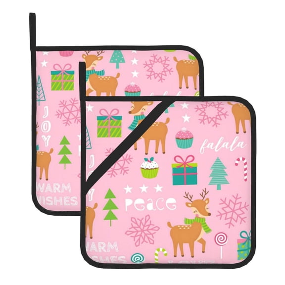 2 Pack Kitchen Pot Holders Heat Resistant Oven Hot Pads With Hand Pockets And Hanging Loops For Baking Cooking 8x8in Winter Deer Snowflakes
