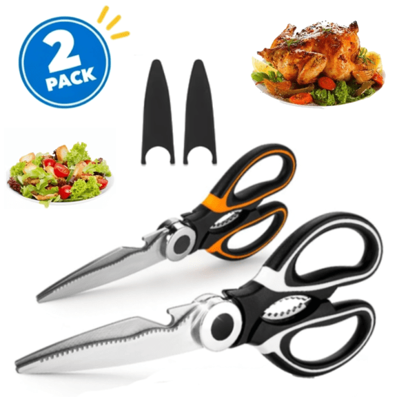 2 Pack Kitchen Scissors, Ultra-Sharp Premium Stainless Steel Heavy Duty Kitchen Shears & Multi Purpose Poultry Shears for Chicken, Poultry, Fish, Meat, Vegetables, Herbs, Bottle opener, Nuts Cracker