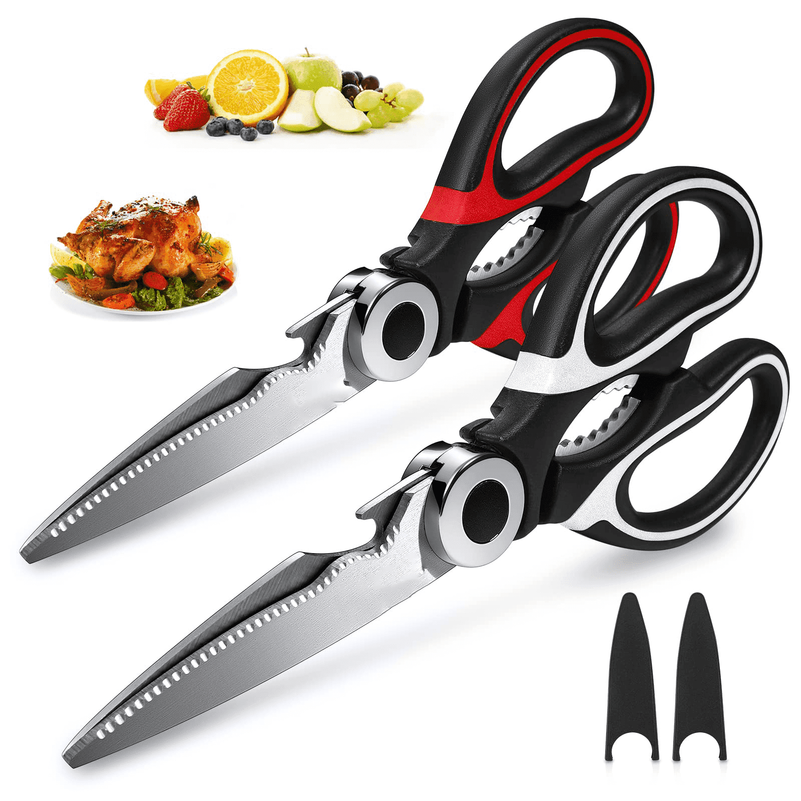 2 Pack Kitchen Shears Multi Purpose Strong Stainless Steel Kitchen Utility Scissors with Cover, Fish, Meat, Vegetables, Herbs, Bones, Dishwasher Safe