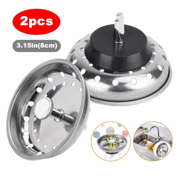 2 Pack Kitchen Sink Basket Strainer Stainless Steel And Drain Stopper Fits Most