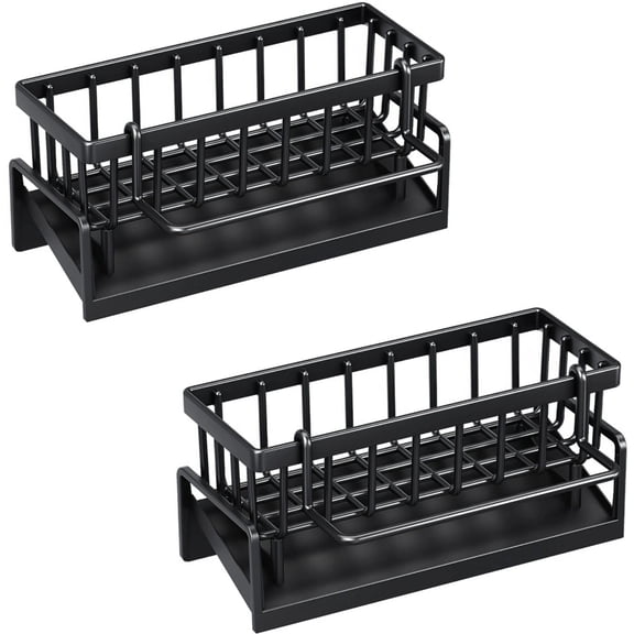 2 Pack Kitchen Sink Caddy Organizer, Stainless Steel Sponge Holder, Rustproof Black Counter & Sink Storage Rack with Removable Dishcloth Rack