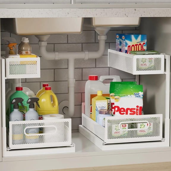 2 Pack Under Kitchen Sink Organizer L-Shaped 2 Tier Pull Out Cabinet Organizer Expandable Bathroom Under Sink Storage with Sliding Drawers Sturdy Metal Pantry Shelves Spice Rack