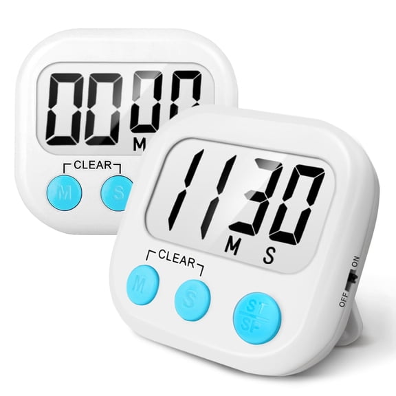 2 Pack Kitchen Timer with Large Digits Loud Buzzer Magnetic Base able Stand Hanging Hook for Baking Cooking White