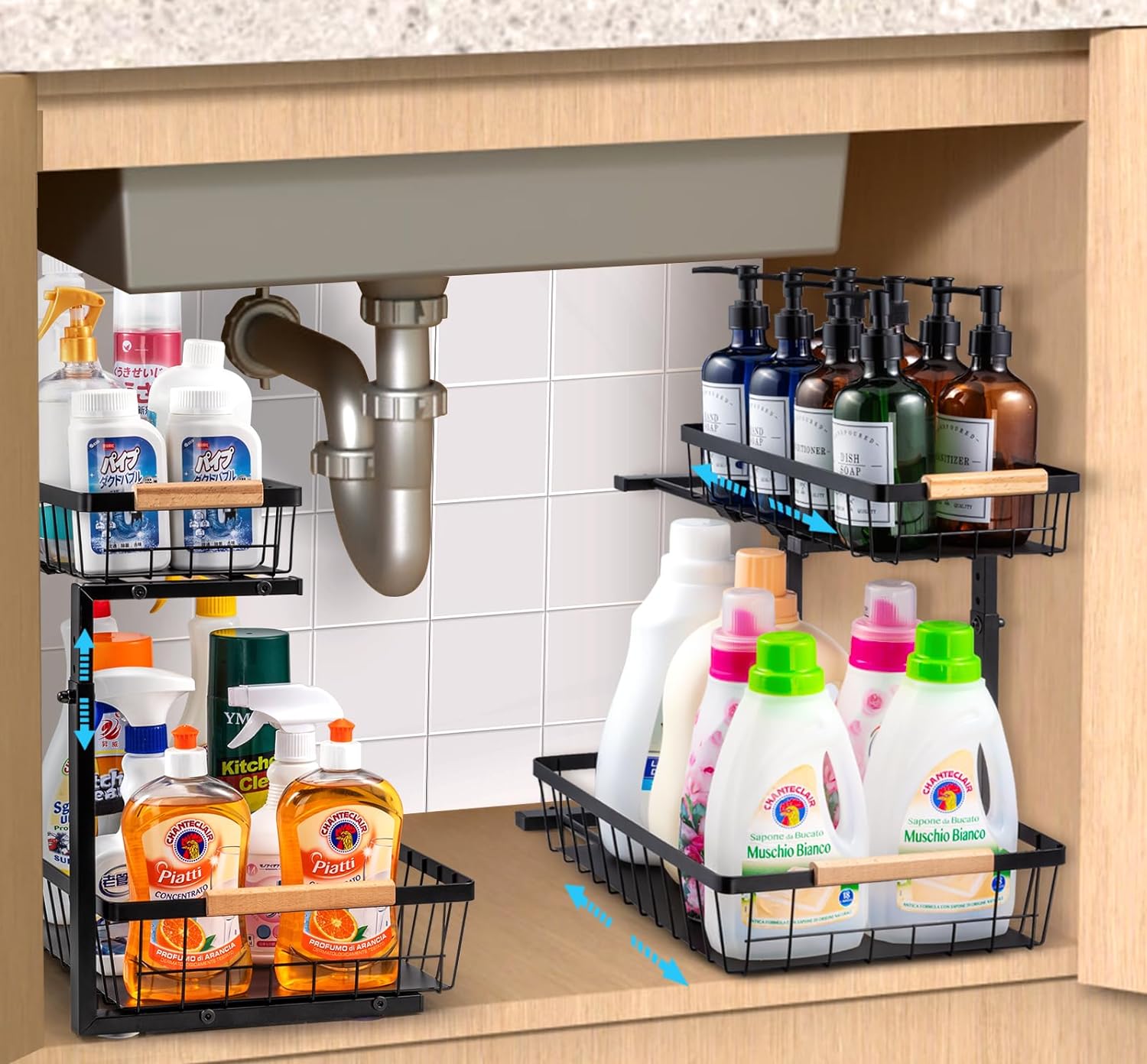 2 Pack Kitchen Under Sink Organizers and Storage, 2 Tier Adjustable