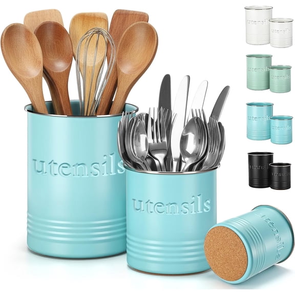 2 Pack Kitchen Utensil Holder for Counter 6.7"+4.7" Farmhouse Cooking Crock with Cork Bottom Modern Decors Countertop Storage Organizer Caddy Housewarming Gift(Turquoise)