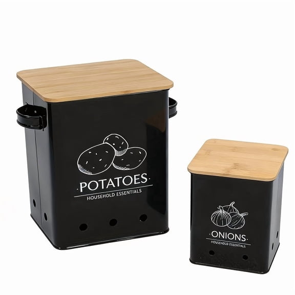 2 Pack Kitchen Vegetable Storage Tins Set for Potatoes & Onions, Metal Food Storage Container with Lids, Breathable Storage Bin Caddy, Multi-Purpose Kitchen Organizer, Black