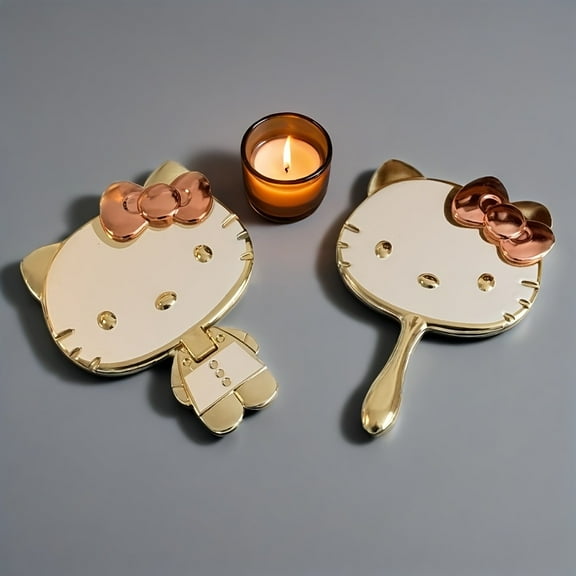 2-Pack Kitty Portable Makeup Mirror - Handheld Folding Travel Mirror, Cartoon Design, Cute Pink Bow, Durable Plastic Polished Surface, No Batteries Needed - Perfect Gift for Girls, Women