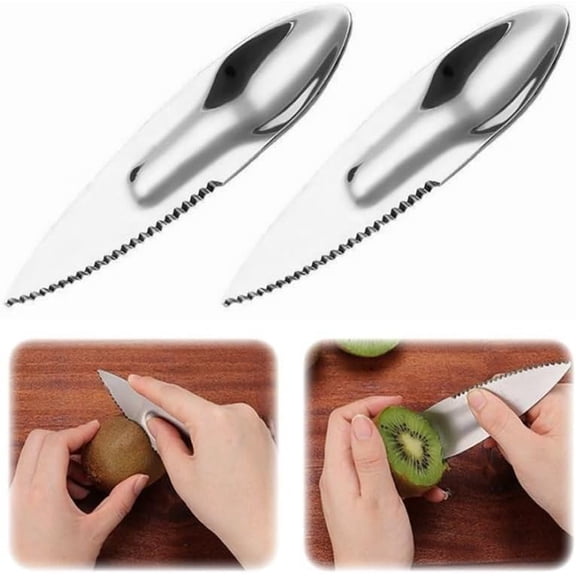 2 Pack Kiwi Spoon Knife - 2-in-1 Stainless Steel Fruit Cutter - Mango Kiwi Slicer Peeler Scoop Fast Peel Fruit Or Soft Vegetable With Ease (Silver)