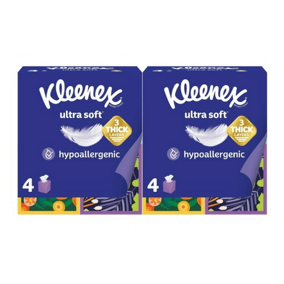 ( 2 Pack )Kleenex Ultra Soft Facial Tissues, 4 Cube Boxes, 60 Tissues per Box, 3-Ply