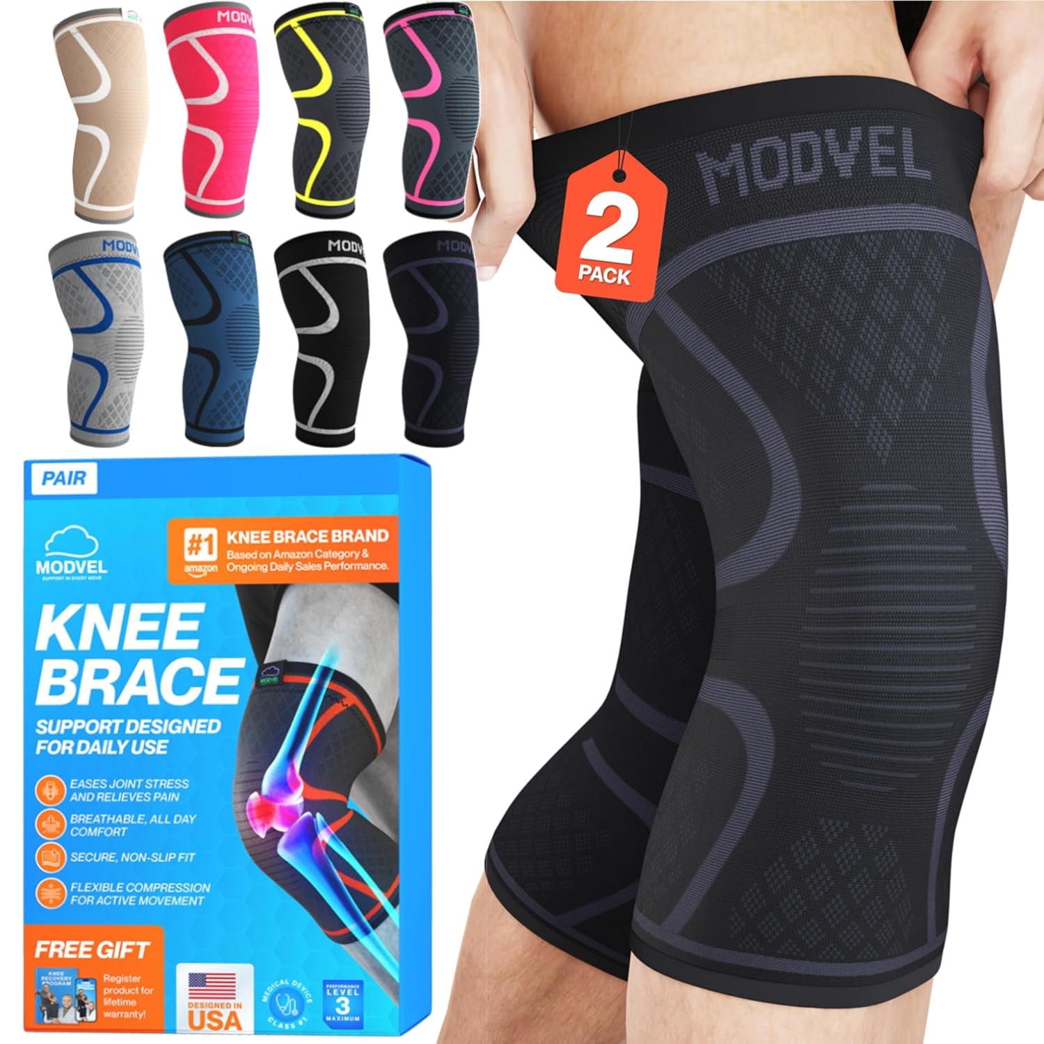 2 Pack Knee Br for Women & Men - Workout Knees Compression Sleeve Pain Relief Joint Support ACL, Arthritis, Meniscus Tear Sports, Rodilleras para Gym Fitness