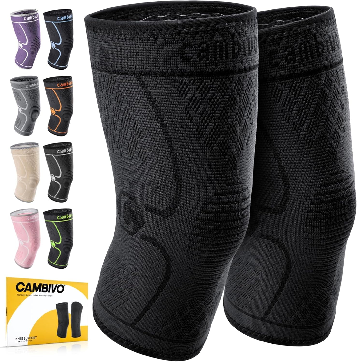 2 Pack Knee Brs for Pain, Compression Sleeve Men and Women, Support Meniscus Tear, Running, Weightlifting, Workout, ACL, Arthritis, Joint Pain Relief (Black,Medium)