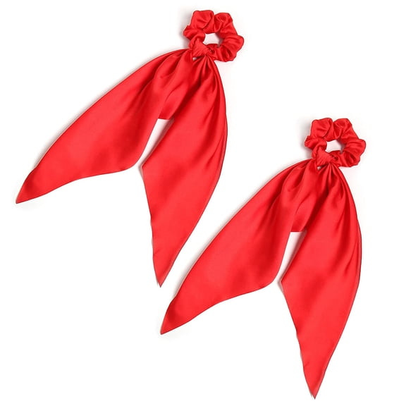 2-Pack Knotted Bow Hair Scrunchies with Scarf Ribbon - Satin Hair Ties for Women, Elastic Ponytail Holders, Multiple Colors for DIY Hairstyles (Red)