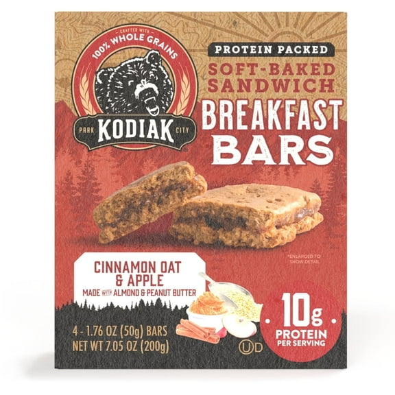 (2 Pack) Kodiak Soft-Baked Sandwich Cinnamon Oat and Apple Protein Breakfast Bars, 1.76 oz, 4 Count Box, Ready to Eat