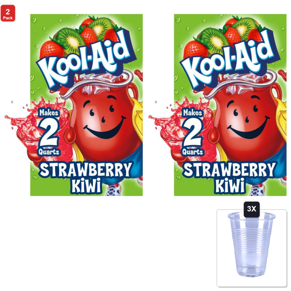 2 Pack | Kool-Aid Unsweetened Caffeine Free Strawberry Kiwi Zero Calories Powdered Drink Mix 192 Count Pitcher Packets & 3x 16oz Plastic Cup with Strawless Sip-Lid