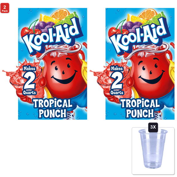 2 Pack | Kool-Aid Unsweetened Caffeine Free Tropical Punch Zero Calories Powdered Drink Mix 192 Count Pitcher Packets & 3x 16oz Plastic Cup with Strawless Sip-Lid