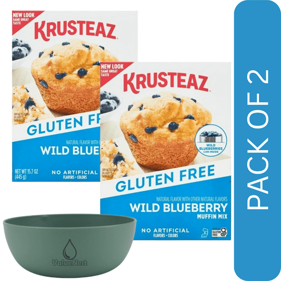 2 Pack Of Krusteaz Gluten Free Blueberry Muffin Mix with Real Blueberries, 15.7 oz Box  Easy to Bake, Moist & Delicious Muffins, With Olive Green Bowl By Value Nest