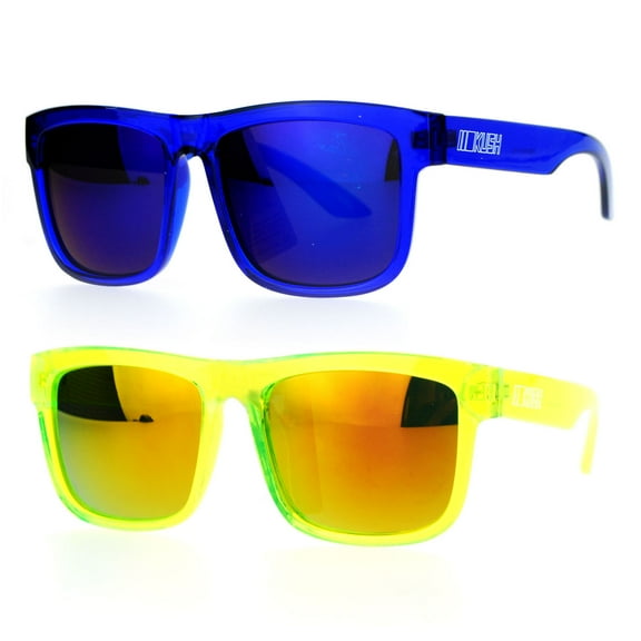(2-Pack) Kush Mens Neon Pop Horn Rim Sport Horned Sunglasses 1 Blue 1 Yellow