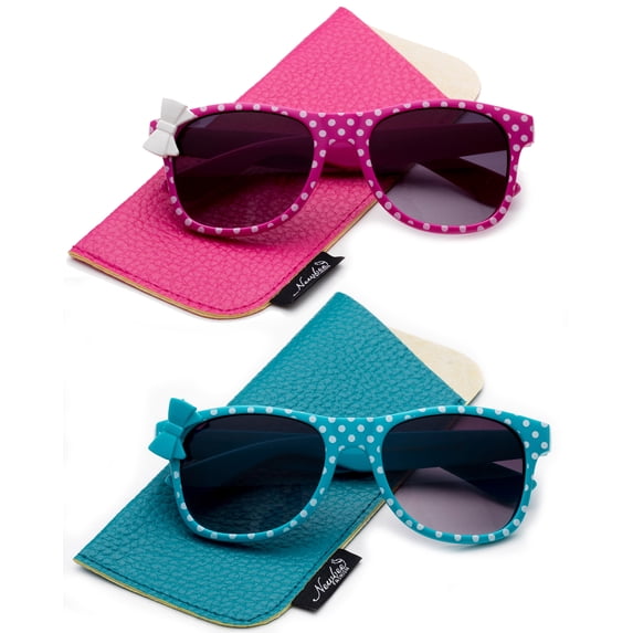 2 Pack Kyra Kids Sunglasses for Girls Fashion Polka Dots Bow Cute & Comfortble Style Lead Free for Kids Girls (3-9 Years) 2 Pack-Hot Pink & Teal with Carrying Pouch
