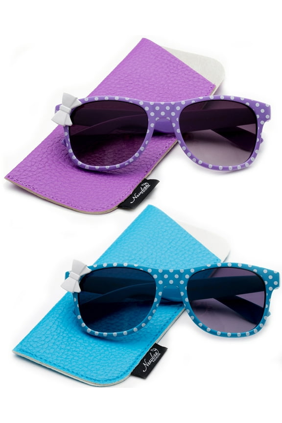2 Pack Kyra Kids Sunglasses for Girls Fashion Polka Dots Bow Cute & Comfortble Style Lead Free for Kids Girls (3-9 Years) 2 Pack-Purple & Blue with Carrying Pouch
