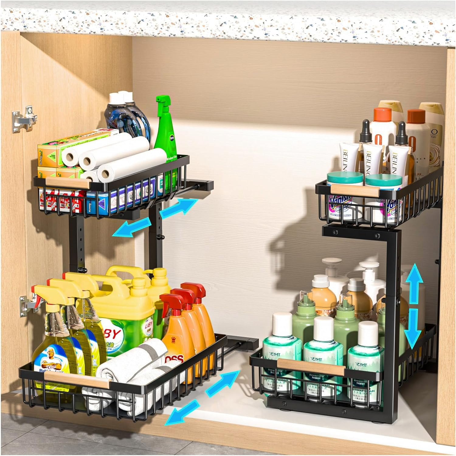 2 Pack L-Shaped Under Sink Organizer,2 Tier Slide Out Sink Shelf Cabinet Storage Shelves, Under ...