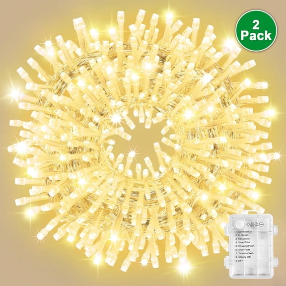 2 Pack LAMPHOME Battery Operated Warm White Christmas String Lights, 34.1FT 100 LED Waterproof Christmas Tree Lights, 8 Lighting Modes, Indoor & Outdoor Xmas Decor for Yard, Wedding & Home