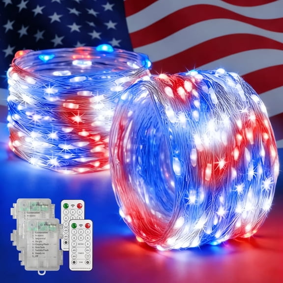 2 Pack LAMPHOME Battery-Powered Red White Blue Patriotic Twinkle String Lights, 33Ft 100 Waterproof LED Firefly Fairy Lights, Ideal Starry Decor for Independence Day & National Patriotic Festivals
