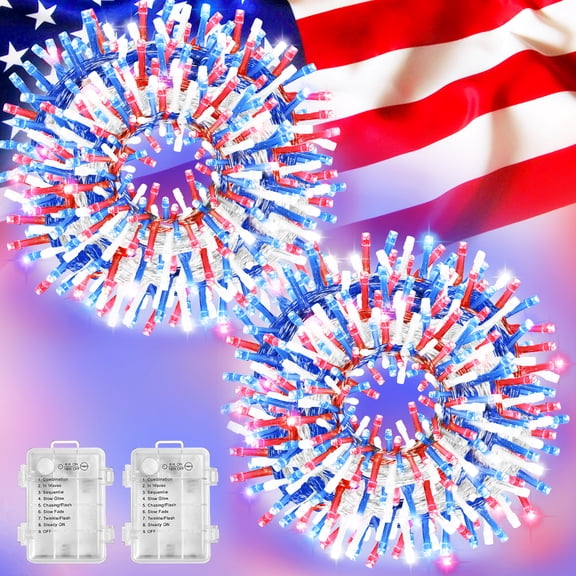 2 Pack LAMPHOME Battery Powered USA Patriotic LED Fairy Lights, 34.1Ft 100 Bulbs with 8 Adjustable Lighting Modes & Waterproof Design, Perfect July 4th Holiday Lights for Independence Day Decorations