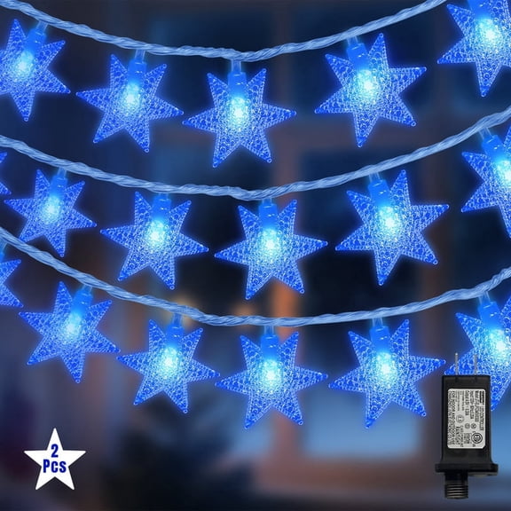 2 Pack LAMPHOME Blue Star LED Lights, 33ft 100 LEDs, Clear Wire, Waterproof Battery Operated with 8 Modes and Remote for Christmas Holiday Decor