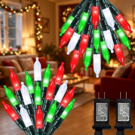 2 Pack LAMPHOME Christmas Red Green & Pure White Mini LED String Lights, 32.5FT 100LED Plug-in Fairy Lights 16 Lighting Modes, Outdoor Holiday Decor for Tree, Garland, Wreath