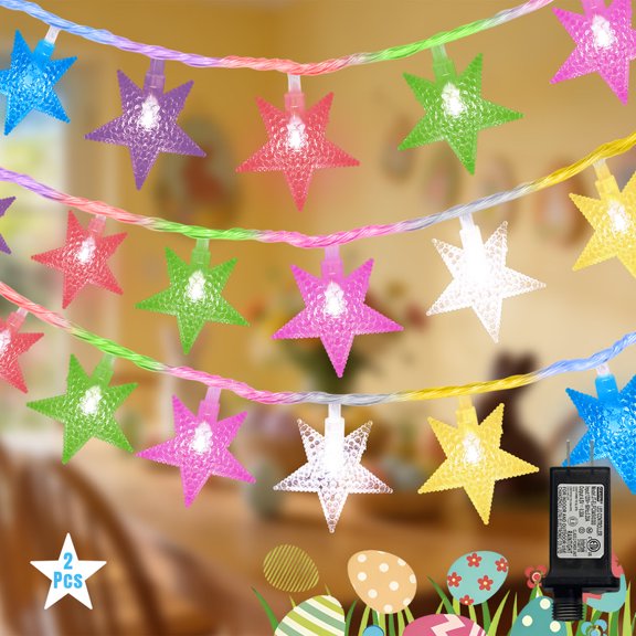2 Pack LAMPHOME Multicolor Star LED Lights, 33ft 100 LEDs, Clear Wire, Waterproof Battery Operated with 8 Modes and Remote for Christmas Holiday Decor