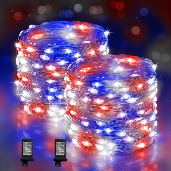 2 Pack LAMPHOME Red White & Blue USA Holiday Twinkle Lights, 33Ft 100 LED Waterproof Starry Fairy String Lights with Power Adapter, Indoor Outdoor Decor for Independence Day & Patriotic Celebrations