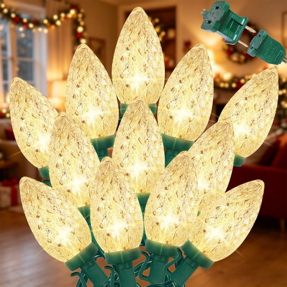 2 Pack LAMPHOME Warm White Faceted C9 Christmas String Lights, 14.4FT 25 LEDs Connectable Indoor Outdoor Holiday Decor, 120V UL Listed