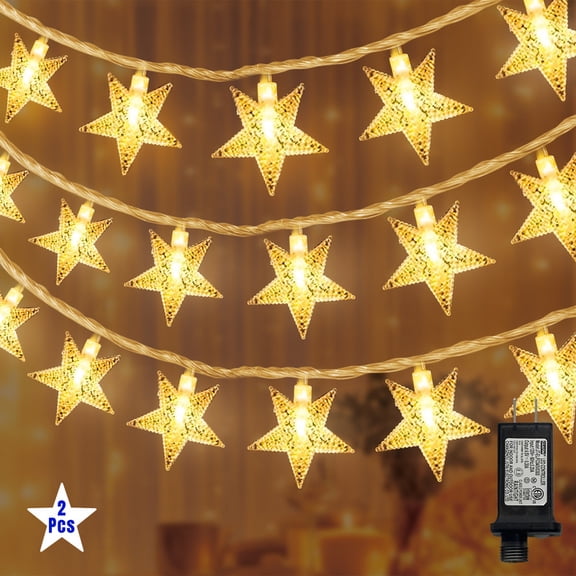 2 Pack LAMPHOME Warm White Star LED Lights, 33ft 100 LEDs, Clear Wire, Waterproof Battery Operated with 8 Modes and Remote for Christmas Holiday Decor