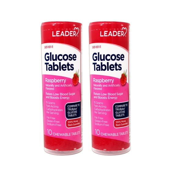 2 Pack - LEADER Glucose Tablets, Energy and Blood Sugar Support, Raspberry Flavor, 10 Count Travel Size