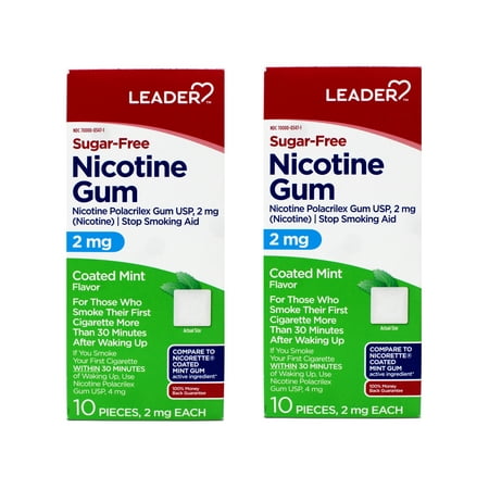 2 Pack - LEADER Nicotine Gum Stop Smoking Aid, 2 mg Nicotine, Sugar-Free, Coated Mint Flavor, 10 Count