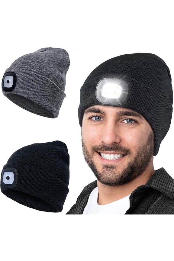 2 Pack LED Beanie with Light, USB Rechargeable Lighted Cap Headlamp Hat, Unisex Warm Winter Knitted LED Hat with Flashlight Gifts for Men Dad Husband Him Women