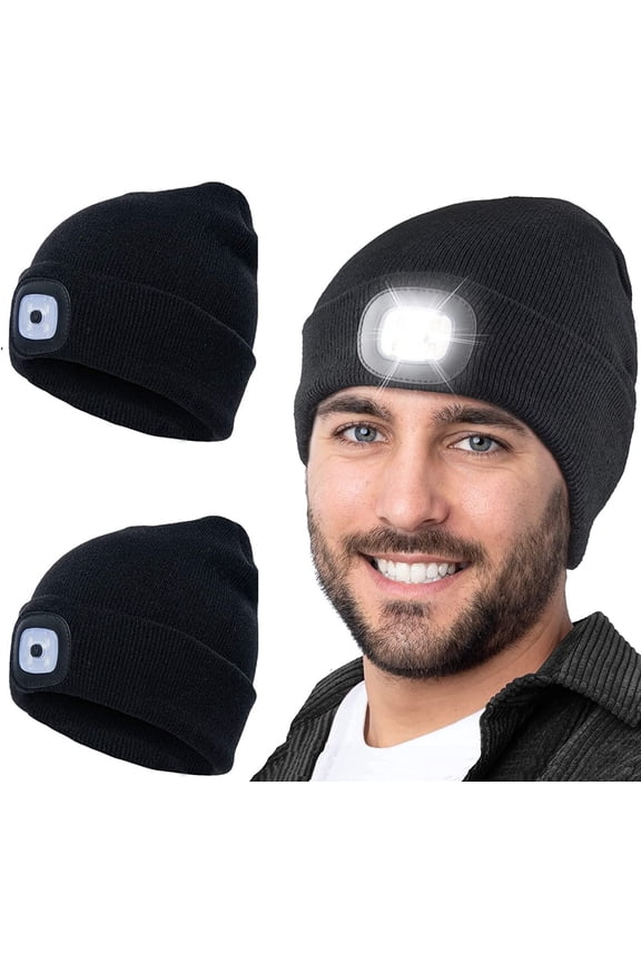 2 Pack LED Beanie with Light, USB Rechargeable Lighted Cap Headlamp Hat, Unisex Warm Winter Knitted LED Hat with Flashlight Gifts for Men Dad Husband Him Women