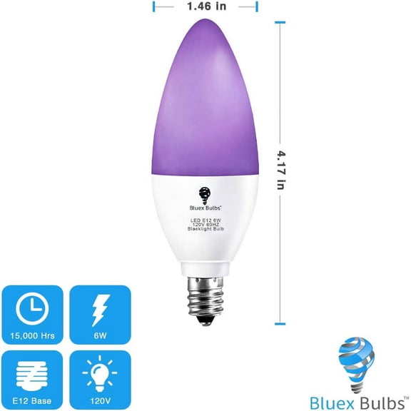 2 Pack LED Black Light Bulb, 6W E12 Candle Blacklight Bulb Level 385-400nm, Body Paint, Glow in The Dark Party E12 LED Light Bulb Neon Glow Fluorescent Poster Candelabra Bulbs