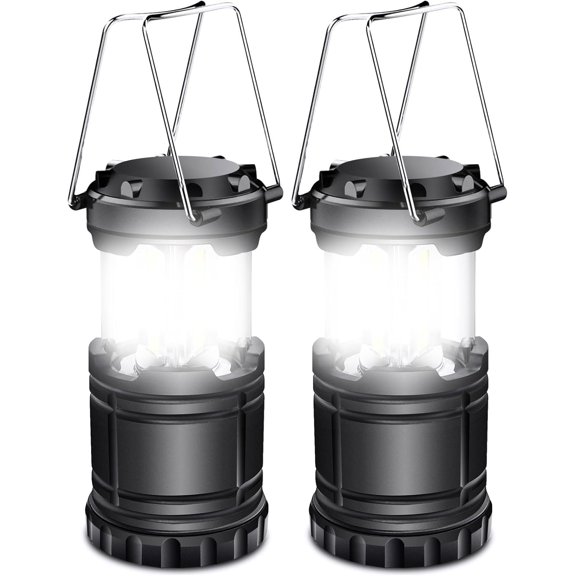 2 Pack LED Camping Lanterns, Battery Operated Portable Lights, Collapsible Emergency Survival Lamps for Power Outages, Hurricane, Storm & Outdoor Use (Black)