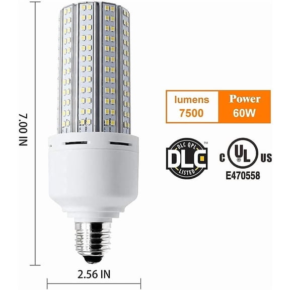 2 Pack LED Corn Light 600W Equivalent LED Corn Bulb 7500 Lumen 60W Large Area Cool Daylight White E26/E27 Medium Base for Garage Backyard Bedroom Warehouse Factory Workshop Street