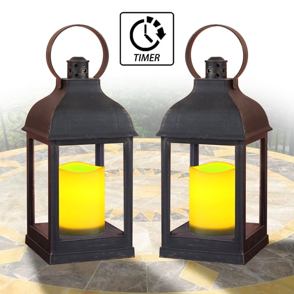 2 Pack LED Decorative Lantern H9" with Flame-less Timer Candle, Black Lantern with ON/OFF/TIMER Switch, Powered by 3*AAA batteries(EXCL.)