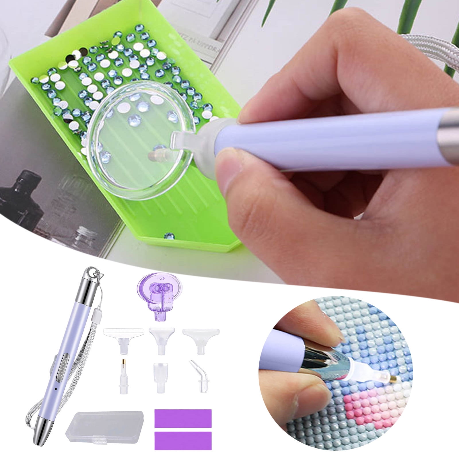 2 Pack LED Diamond Painting Pens with Light - USB Rechargeable 5D Drill Pens Kit Includes 12 Tips, 2 Anti- Mats & 2 Wax Cases - Essential Accessories for DIY Diamond Art Kits (Purple)