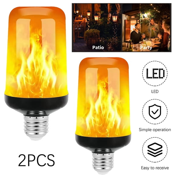 2 Pack LED Flame Effect Light Bulbs, 4 Modes Flickering Fire Bulb E26 Base, Gravity Sensing Simulated Fire Lamp for Halloween Patio Porch Bar Home Decor
