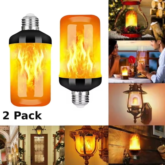 2 Pack LED Flame Effect Light Bulbs, 4 Modes Flickering Fire Bulb E26 Base, Gravity Sensing Simulated Fire Lamp for Halloween Patio Porch Bar Home Decor