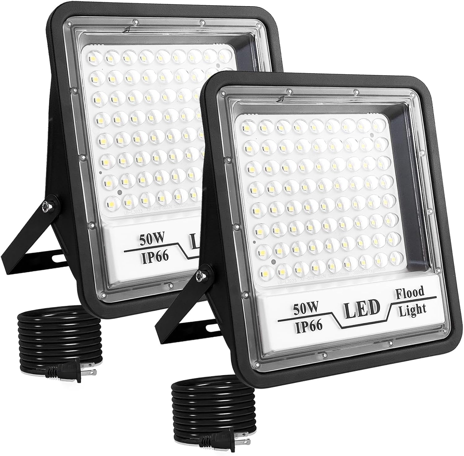 2 Pack LED Flood Lights Outdoor, 50W 6000LM Bright Floodlight LED Work Light with 4.93FT Plug, IP66 Waterproof 6500K Outdoor LED Flood Light for Garage, Yard, Patio, Garden
