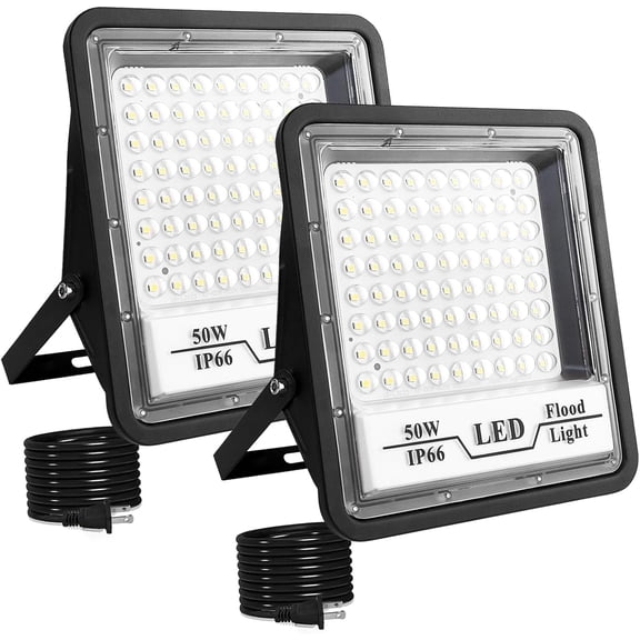 2 Pack LED Flood Lights Outdoor, 50W 6000LM Bright Floodlight LED Work Light with 4.93FT Plug, IP66 Waterproof 6500K Outdoor LED Flood Light for Garage, Yard, Patio, Garden